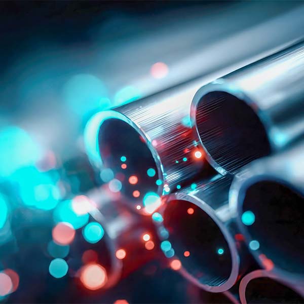 Shiny metal pipes with glowing fiber optic lights emerging from their ends in a digital abstract composition
